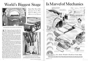 Two-page feature of the technical features and impressive stage machinery as featured in the February 1933 edition of <i>Popular Science</i> (910KB PDF)
