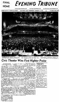 Front page coverage of the theatre’s opening, as printed in the 13th January 1965 edition of the <i>San Diego Evening Tribune</i>, held by the San Diego Public Library (624KB PDF)
