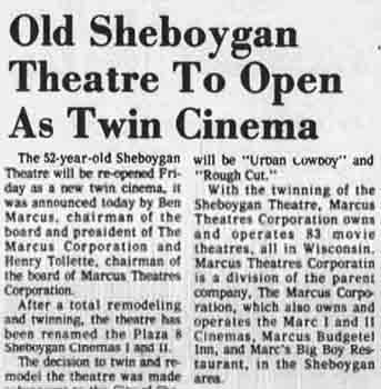 News of the auditorium conversion into twin cinemas, as printed in the 19th June 1980 edition of <i>The Sheboygan Press</i> (330KB PDF)