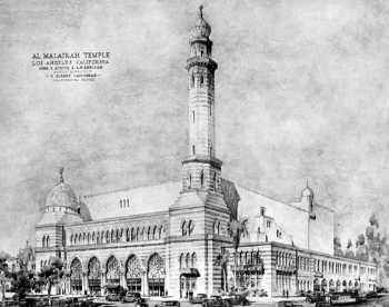 Early 1920s rendering of the Shrine Auditorium building showing the never-built 200ft+ minaret on the southwest corner, from the <i>Los Angeles Public Library Legacy Photo Collection</i> (JPG)