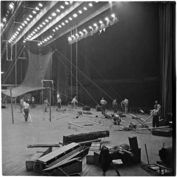 Members of the Polack Bros. Circus set up for their show inside the Shrine Auditorium in June 1946, from the <i>UCLA Los Angeles Daily News Negatives Collection</i> (JPG)
