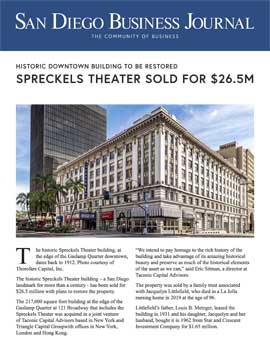 Two-page feature on the Spring 2021 sale of the theatre building, as printed in the 10th May 2021 edition of the <i>San Diego Business Journal</i> (2MB PDF)