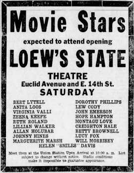 Loew’s Ad featuring movie stars due to attend the theatre’s opening, as printed in the 3rd February 1921 edition of <i>The Plain Dealer</i> (1.3MB PDF)