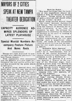Report of the opening night festivities, as printed in the 16th October 1926 edition of <i>The Tampa Tribune</i> (500KB PDF)