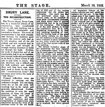 Article in <i>The Stage</i> (16 March 1922) describing the changes to the theatre, courtesy British Newspaper Archive (550KB PDF)