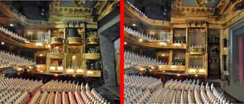 Before (left) and after (right) comparison of alterations to the auditorium to be undertaken during the 2019 renovation project, by Haworth Tompkins on behalf of LW Theatres (JPG)