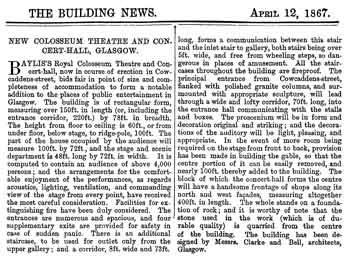 News of progress building the new theatre, as printed in the 12th April 1867 edition of <i>The Building News</i>, courtesy University of Michigan (1MB PDF)