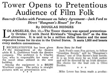 Short article about the theatre’s opening night from <i>Exhibitors Herald</i> (22 October 1927), held by the Museum of Modern Art Library in New York and scanned online by the Internet Archive (250KB PDF)