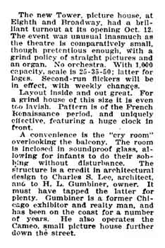 Review of the theatre’s opening, as printed in the 26th October 1927 edition of </i>Variety</i>, courtesy of the Internet Archive (160KB PDF)