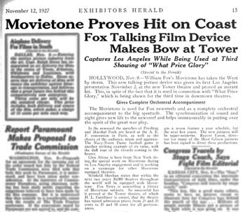 Short article about Movietone being trialled at the Tower Theatre, from <i>Exhibitors Herald</i> (12 November 1927), held by the Museum of Modern Art Library in New York and scanned online by the Internet Archive (525KB PDF)