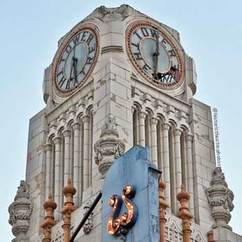 Tower Theatre, Los Angeles: Top of Clock Tower in 2018, prior to restoration