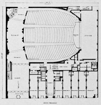 Orchestra-level Plan from <i>Architect and Engineer</i> (July 1928), held by the San Francisco Public Library and digitized by the Internet Archive (5MB PDF)