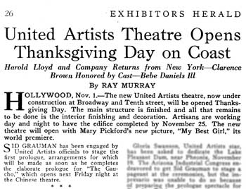 News of theatre opening date from <i>Exhibitors Herald</i> (5 November 1927), held by the Museum of Modern Art Library in New York and scanned online by the Internet Archive (240KB PDF)