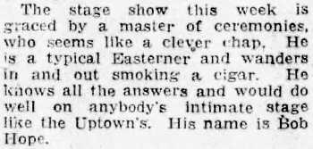 News of Bob Hope acting as MC in mid-October 1928, as printed in the 15th October 1928 edition of the <i>Kansas City Journal</i> (160KB PDF)