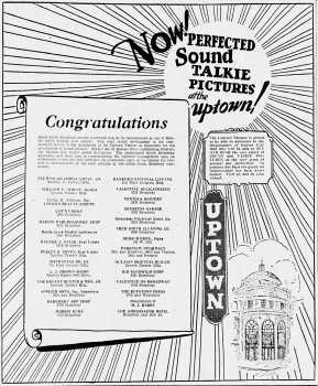 News of sound pictures coming to the Uptown, as printed in the 7th December 1928 edition of <i>The Kansas City Star</i> (370KB PDF)