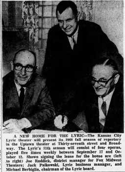 News of the theatre becoming the new home for the Kansas City Lyric, as printed in the 16th January 1968 edition of <i>The Kansas City Star</i> (100KB PDF)