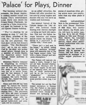 News of the theatre being reinvented as the Palace Dinner Theatre, as printed in the 22nd July 1973 edition of <i>The Kansas City Star</i> (170KB PDF)