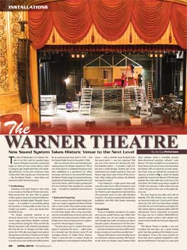Article from April 2013 edition of “Front Of House Magazine” featuring a new sound system for the Warner Theatre (4.3MB PDF)
