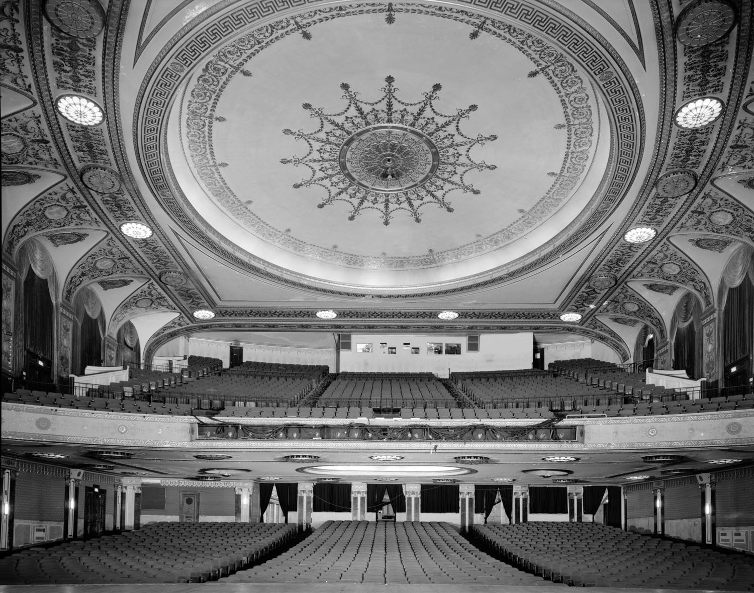 Auditorium from Stage, from the 1990 Historic American Buildings Survey (HABS) held by the Library of Congress – note the missing central chandelier, courtesy Library of Congress (JPG)