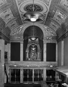 Lobby from Mezzanine Stairs facing toward entrance doors,  from the 1990 Historic American Buildings Survey (HABS) held by the Library of Congress (JPG)