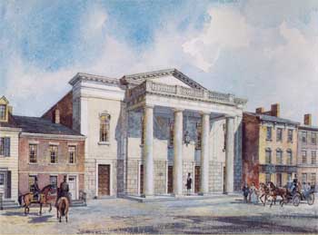 Artist’s recreation of the first National Theatre, based on newspaper descriptions and architecture of the time